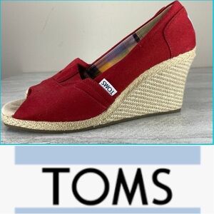 Toms Red Canvas Espadrille Wedge Peep Toe